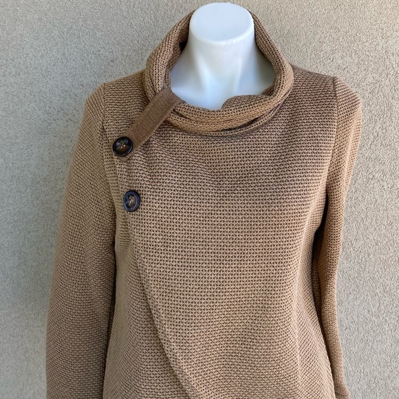 Mocha 2 Button Detail Poncho Wrap Sweater - Picture 2 of 4